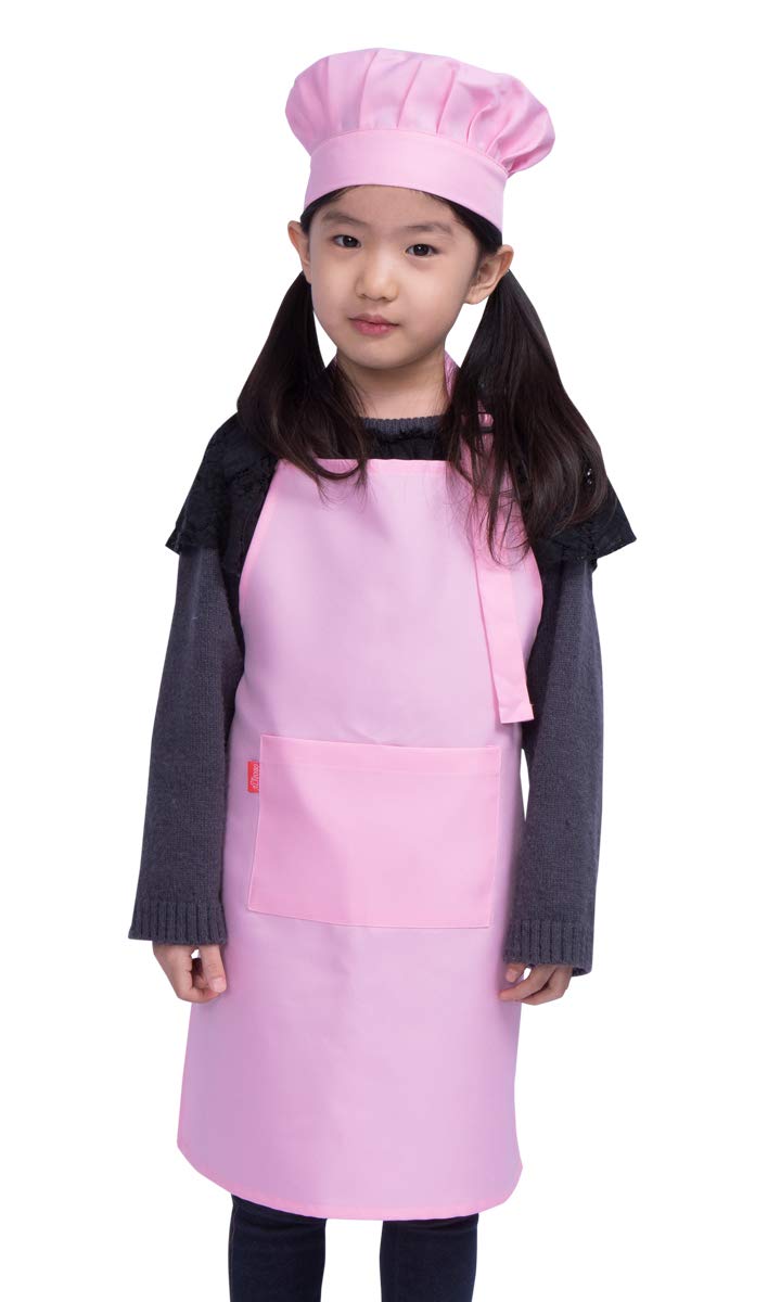 ALIPOBO Kids Apron and Chef Hat Set, Children's Adjustable Bib Apron with 2 Pockets. Cute Boys Girls Kitchen Apron for Cooking, Baking, Painting, Training Wear (6-12 Year, Pink) - Image 1